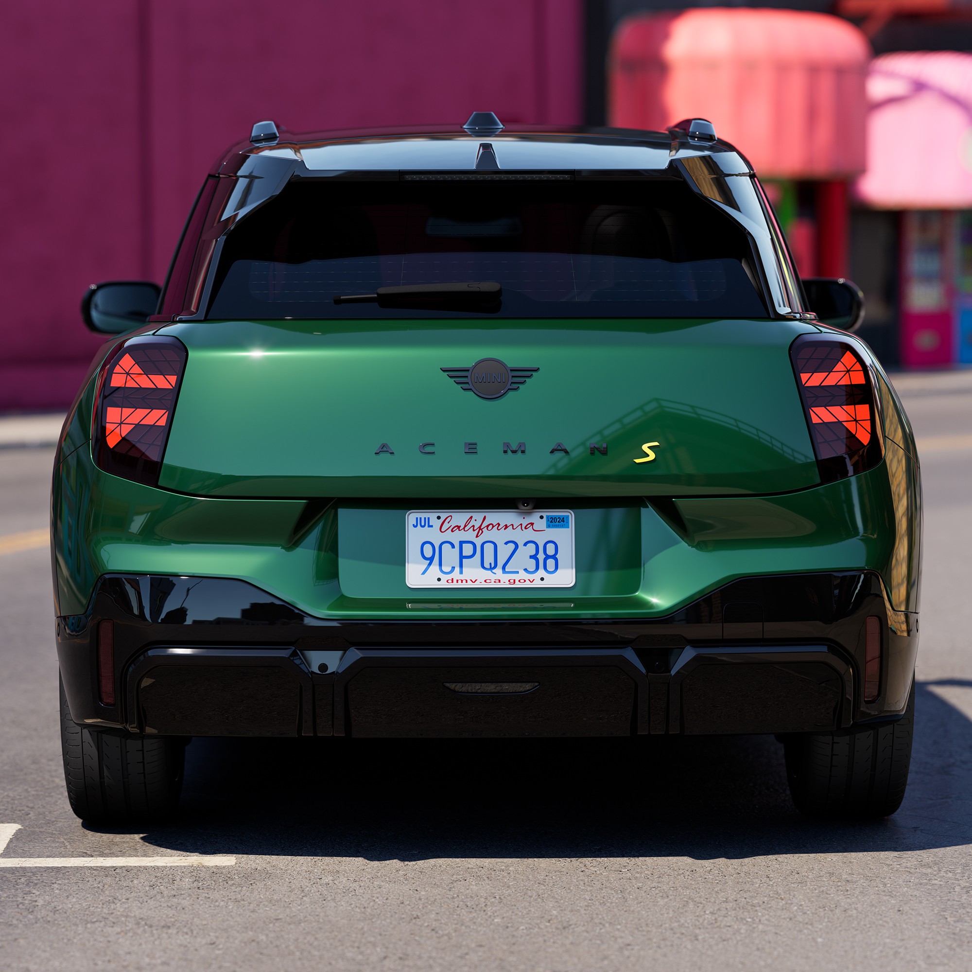 Top view of parking all-electric MINI Aceman in orange with open doors and sunroof